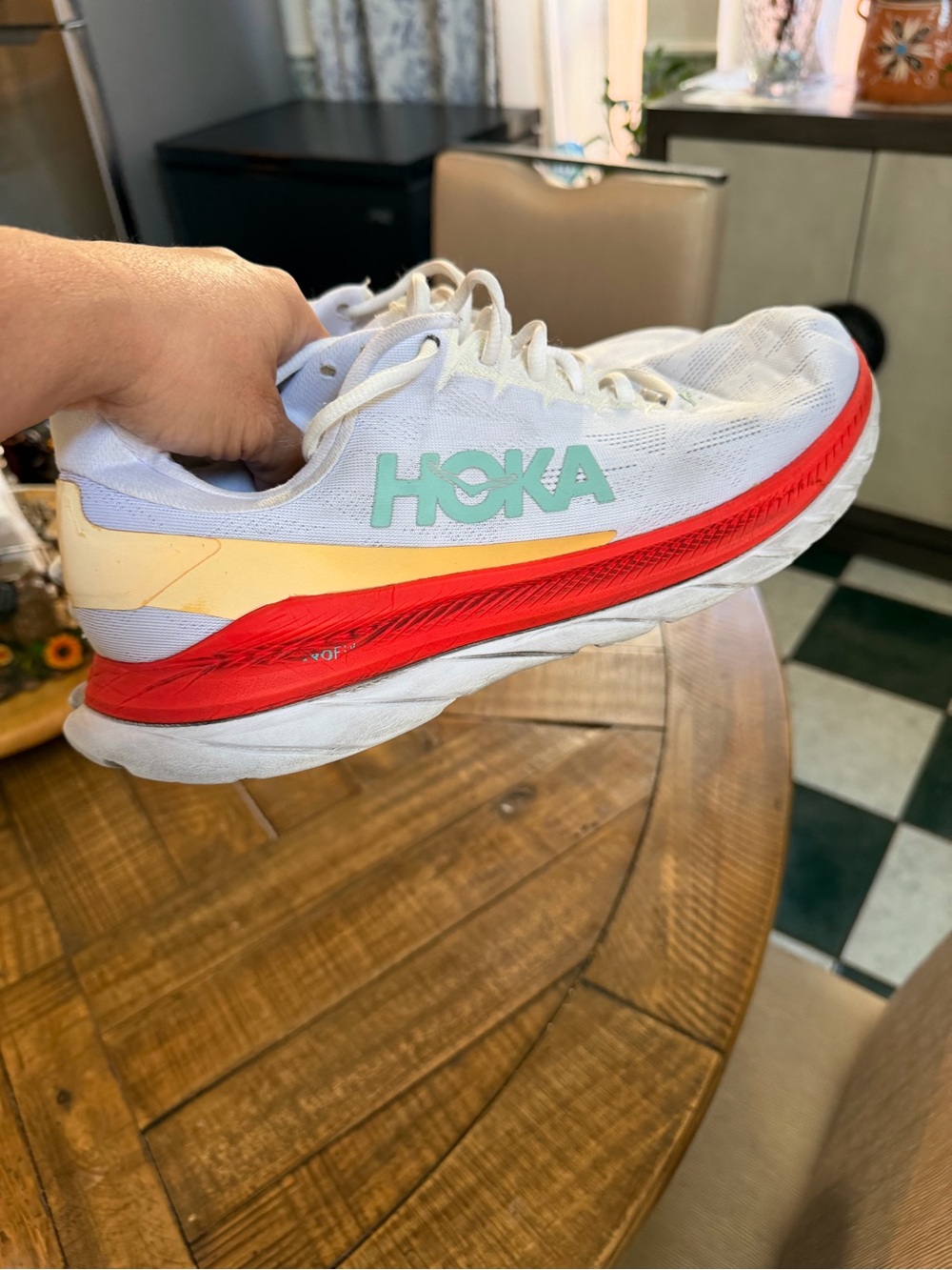 Hoka light grey Sneakers with Red and Pale Yellow Accents